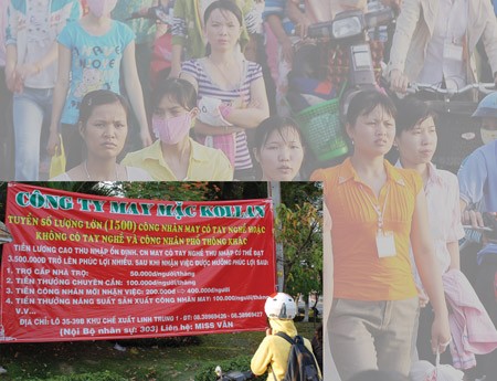 Small photo: A banner put up by an apparel company in HCMC advertises vacancies and calls for job applications from workers (Photo: SGGP)