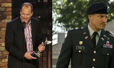 Nam diễn viên phụ xuất sắc nhất Woody Harrelson lên nhận giải (trái), và vai diễn trong phim The Messenger.