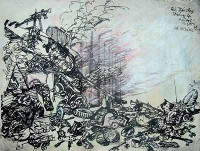 “Cuộc tháo chạy tháng 4-1975 của quân ngụy tại Biên Hòa” (ký họa chưa công bố) của Lê Trí Dũng.