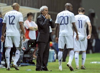 Domenech (C) gestures during the friendly football match France versus China at the Michel Volnay Stadium in Saint-Pierre on June 4, 2010. AFP photo