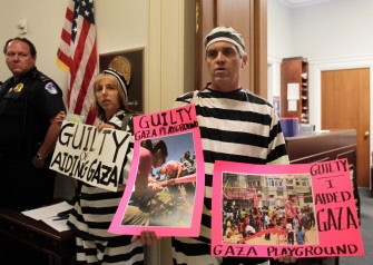 Activists of the Free Gaza Movement protest outside the offices of Rep. Brad Sherman, D-California on Caoitol Hill in Washington, DC June 10, 2010. AFP photo