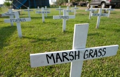 Crosses with descriptions of fish and wildlife are planted in the front yard of a home in Grand Isle, Louisiana, June 14, 2010, protesting things potentially lost as a result of the BP oil spill