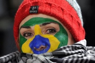 A Brazilian fan braves the cold on June 15 during the 2010 World Cup match Brazil vs.North Korea at at Ellis Park Stadium in Johannesburg