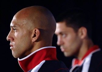 Members of the US national football team, goalkeeper Tim Howard (L) and midfielder Clint Dempsey, attend a press conference at Irene Farm in the township of Irene, south of Pretoria in the Gauteng province of South Africa on June 20, 2010. AFP