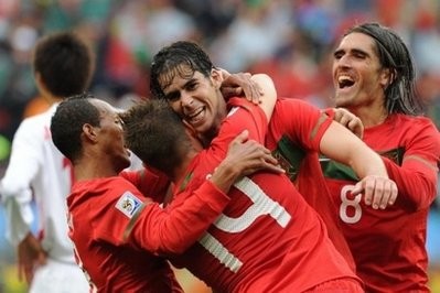 Portugal's players celebrate one of team's goals scored against North Korea during their Group G first round 2010 World Cup match on June 21. AFP