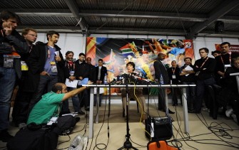 French Sports Minister Roselyne Bachelot gives a press conference in Bloemfontein on June 21, 2010 during the 2010 World Cup. AFP