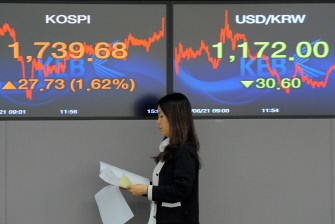 A foreign exchange dealer passes by an electronic board at the head office of Korea Exchange Bank in Seoul on June 21, 2010. (AFP Photo)