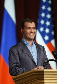 Russian President Dmitry Medvedev smiles during a speech at Stanford University in Palo Alto, Calif., Wednesday, June 23, 2010