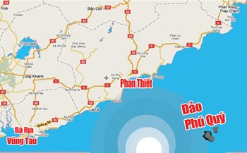 The white ring represents epicenter of a tremor that struck 150 kilometers off Phan Thiet coast on June 23