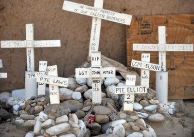 A memorial to British soldiers killed in action in Afghanistan, at a patrol base in the Nahr e Saraj, Helmand on June 28, 2010. AFP