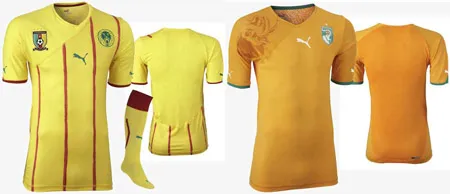 Đồng phục của đội tuyển Cameroon (trái) và Bờ Biển Ngà