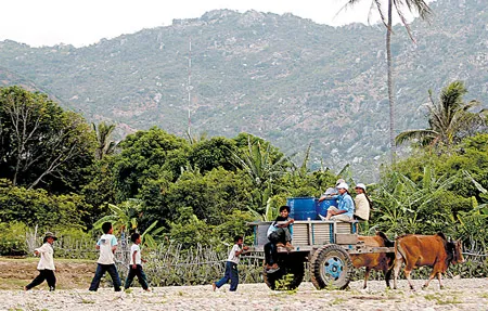 Muốn có nước sinh hoạt các cô, cậu bé phải đi xa hàng km và dùng xe bò để chở nước về nhà.