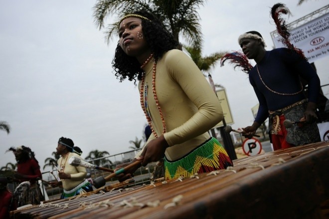 South African artists perform traditional music on July 5, 2010 during the World Cup in Johannesburg, South Africa. AFP