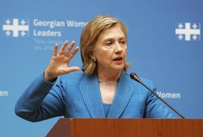 US Secretary of State Hillary Clinton addresses the Georgian Women Leaders Association members at the Georgian National Library in Tbilisi on Monday, July 5, 2010