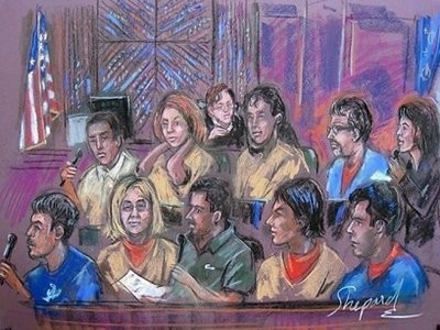 Courtroom drawing shows the ten alleged spy suspects in a New York courtroom.