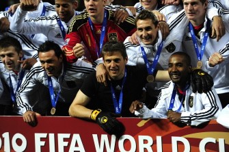 Germany's players pose with their bronze medals after they won the 2010 World Cup third place football match Uruguay vs. Germany on July 10, 2010 at Nelson Mandela Bay stadium in Port Elizabeth. AFP