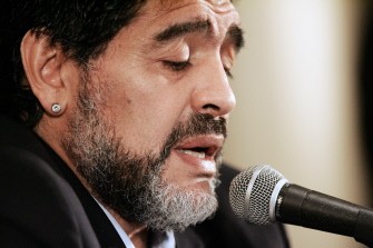 Argentina's ex team coach Diego Maradona speaks during a press conference in Ezeiza, province of Buenos Aires on July 28, 2010. AFP
