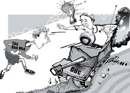 Cú đánh đầu của Puyol làm tiêu tan giấc mộng chiến thắng đội tuyển Đức. Minh họa: A.DŨNG