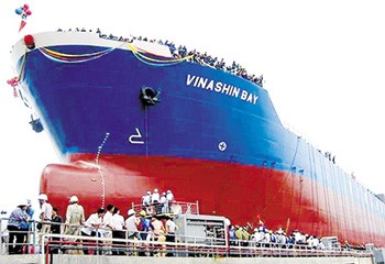 A new vessel built by Vinashin is displayed in a launching ceremony