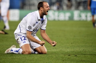Auxerre's French defender Jean-Pascal Mignot jubilates after Auxerre won the UEFA Champions League play-off round second-leg match on August 25, 2010. AFP
