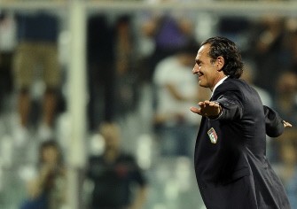 Italy's national team coach Prandelli celebrates after winning 5-0 against Faroe Islands in Florence on September 7, 2010. AFP