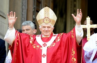 Pope Benedict XVI greets the crowds outside Westminster Cathedral in London, on September 18, 2010. AFP