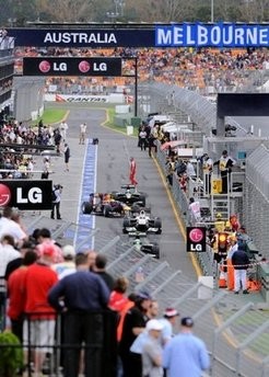Race cars line up in pit lane before the start of a practice session for Formula One's Australian Grand Prix, Albert Park street circuit in Melboune, in March. AFP