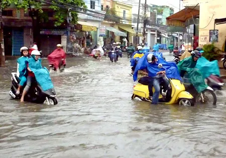 Mưa lớn kết hợp với triều cường dâng cao chiều 7-11 khiến đường Thoại Ngọc Hầu (quận Tân Bình) ngập trong biển nước.