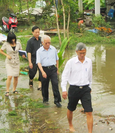Chủ tịch UBNDTP xem xét việc gia cố bờ bao bị bể