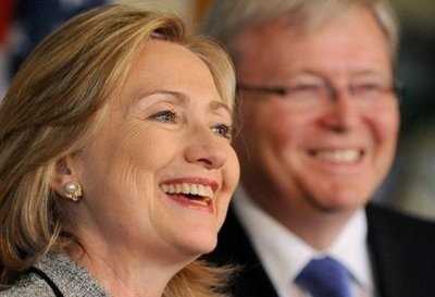 US Secretary of State Hillary Clinton (L) and Australia's Foreign Minister Kevin Rudd (R) give a joint press conference in Melbourne last month.