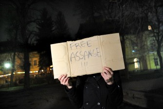 A Bulgarian demonstrator attends a protest against the arrest of the WikiLeaks founder Julian Assange, outside the British embassy in Sofia on December 7, 2010. AFP