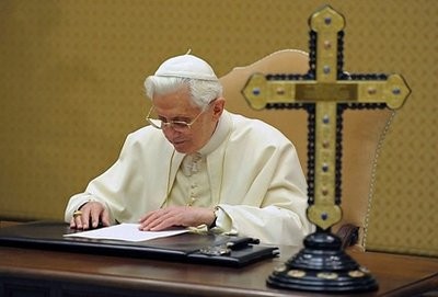 Handout picture from the BBC shows a picture released by The Vatican press ofiice of Pope Benedict XVI recording a message for BBC radio's Thought for the Day programme