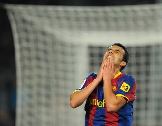 Pedro Rodriguez reacts during the match on January 2, 2011 at Camp Nou. AFP