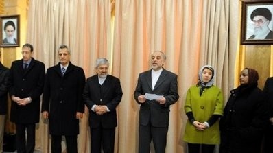 Iran's atomic chief and acting Foreign Minister Ali Akbar Salehi addresses a group of foreign diplomats visiting the heavy water facility at Arak following Tehran's invitation to tour the plant