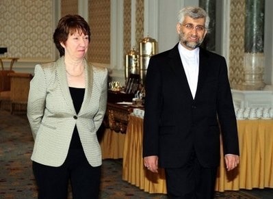 AFP - Iran's chief nuclear negotiator Said Jalili (R) arrives with the EU's foreign policy chief Catherine Ashton for a meeting in Istanbul.