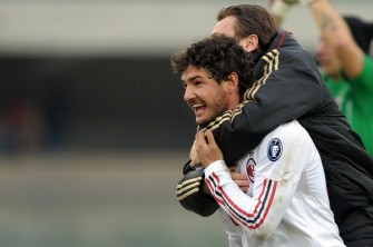 AC Milan's Pato celebrates with Antonio Cassano (R) at the end of the match between Chievo vs AC Milan on February 20, 2011 . AC Milan won 2-1. AFP
