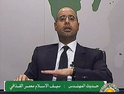 An image grab taken off Libya's state television station shows a televised address by Libyan leader Moamer Kadhafi's son, Saif Al-Islam