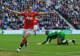 Javier Hernandez celebrates scoring the opening goal. AFP