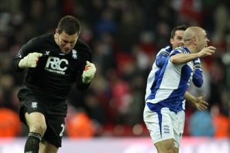 Ben Foster (L) celebrates at the end of the Carling Cup final football match between Arsenal and Birmingham. AFP