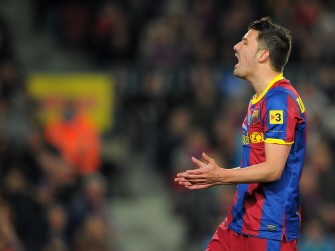 Barcelona's forward David Villa reacts after mising a goal opportunity against Real Zaragoza on March 5, 2011 at Camp Nou stadium in Barcelona. AFP