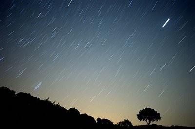 A meteor streaks across the sky against a field of stars during a meteorite shower in 2010
