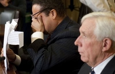 US Representative Keith Ellison (C), a Democrat from Minnesota, becomes emotional as he testifies before the Committee on Homeland Security during the first in a series of hearings on radicalization in the American Muslim community, on Capitol Hill in Washington, DC