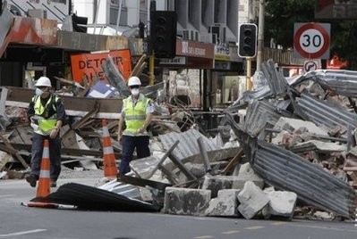 Police walk through the central business district of Christchurch in early March