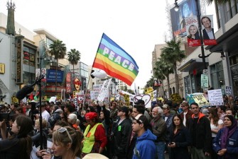 Anti-war protesters take part in a demonstration on March 19, 2011 in Los Angeles, California. AFP