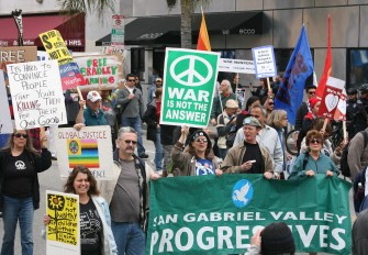 Anti-war protesters take part in a demonstration on March 19, 2011 in Los Angeles, California. AFP