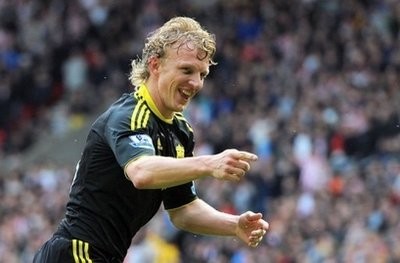 Liverpool's Dirk Kuyt celebrates after scoring the opening goal from a penalty during the match vs Sunderland at the Stadium of Light in Sunderland. AFP