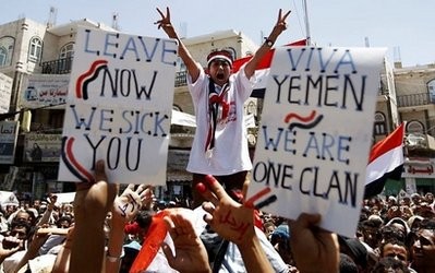Yemeni anti-government protesters chant slogans demanding the resignation of Yemeni President Ali Abdullah Saleh in Sanaa.
