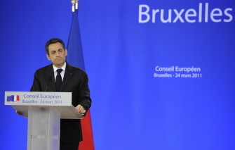 French President Nicolas Sarkozy speaks during a presser after an EU summit, early March 25, 2011 at the European Council headquarters in Brussels. AFP
