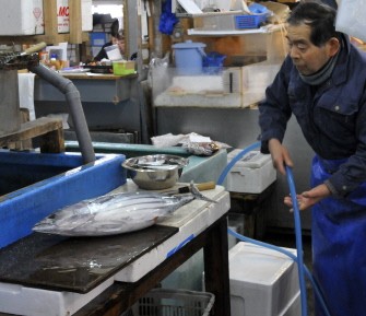 A fishmonger prepares a bonito fish at Tokyo's Tsukiji fish market on March 28, 2011. AFP