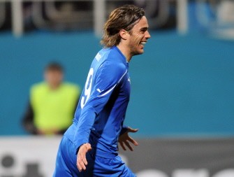 Alessandro Matri of Italy reacts after scoring against Ukraine during their friendly football match in Kiev on March 29, 2011. AFP